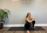 Try standing in front of a chair and go into a squat position.   You do not have to go as low as pictured - even a teeny mini squat is effective.  As you lower your bottom to the floor, inhale and relax your pelvic floor. This is a good time to picture a baby coming out!  As you stand back up, exhale and gently let your pelvic floor recoil and squeeze your buttocks together.  